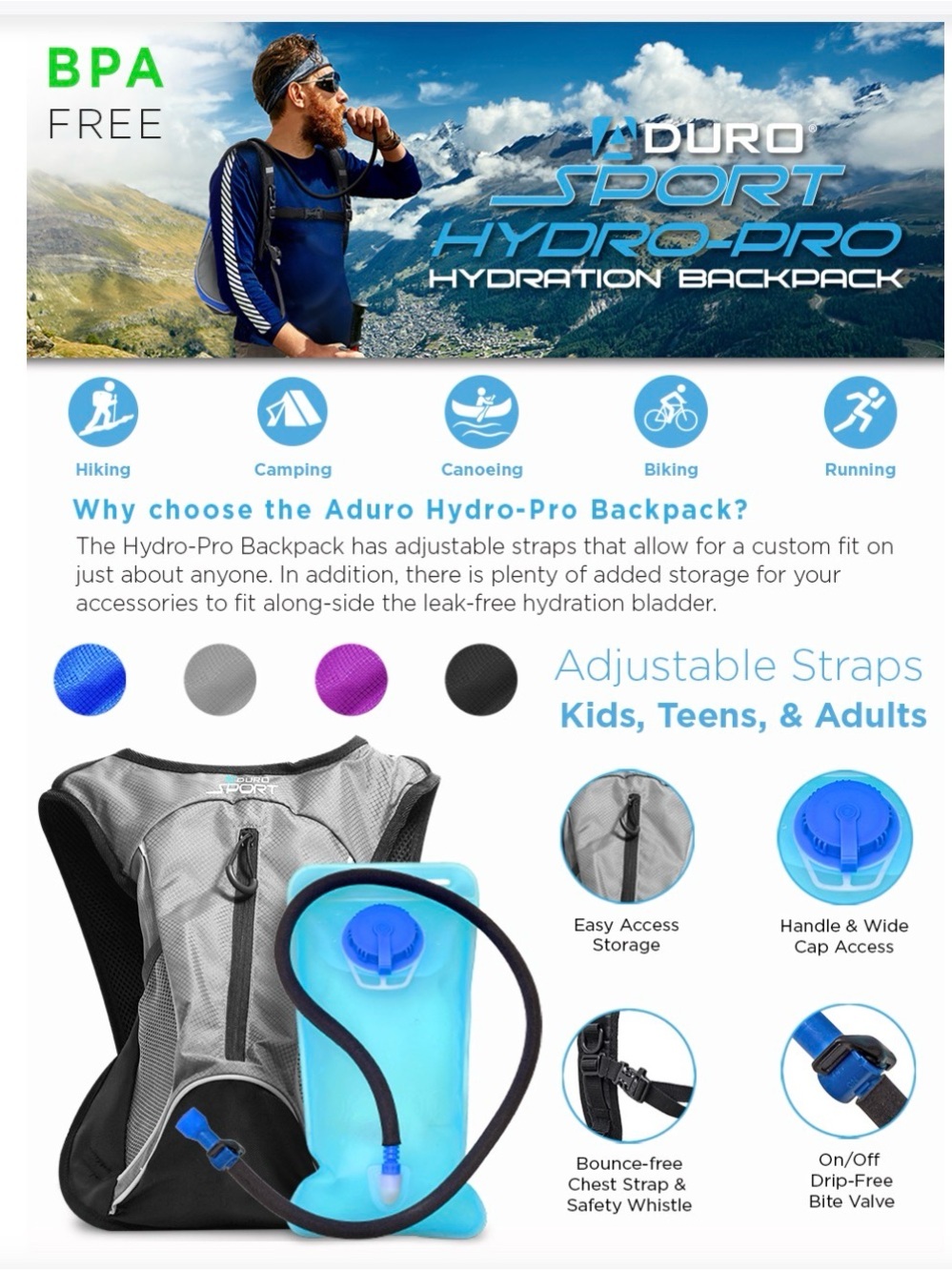ADURO SPORT HYDRO-PRO Gray Color 3L HYDRATION BACKPACKS